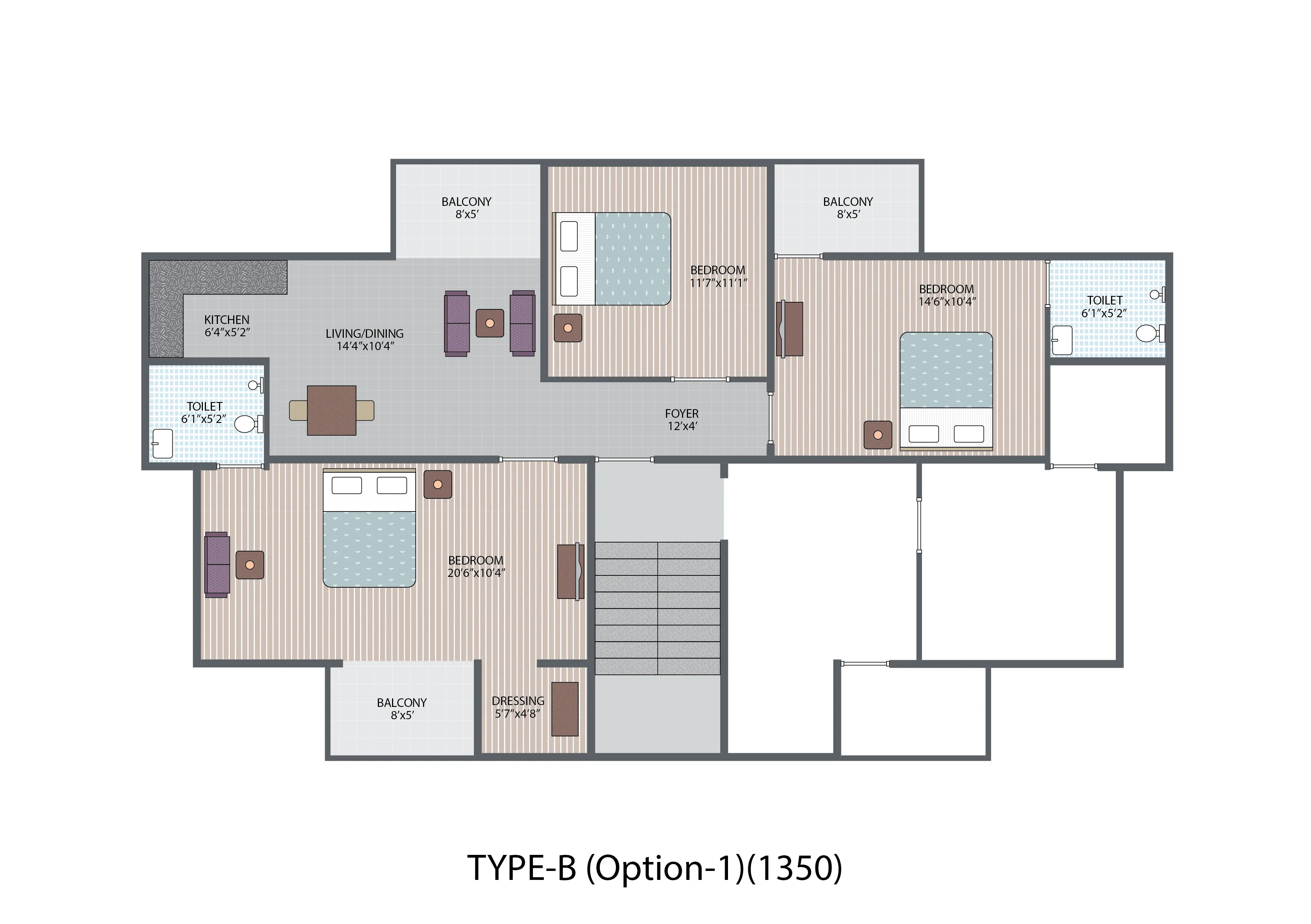 Type-B(Option-1)(1350 SQ.FT.)